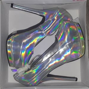 Wild Rose Silver Rainbow Hologram Platform Heels 8